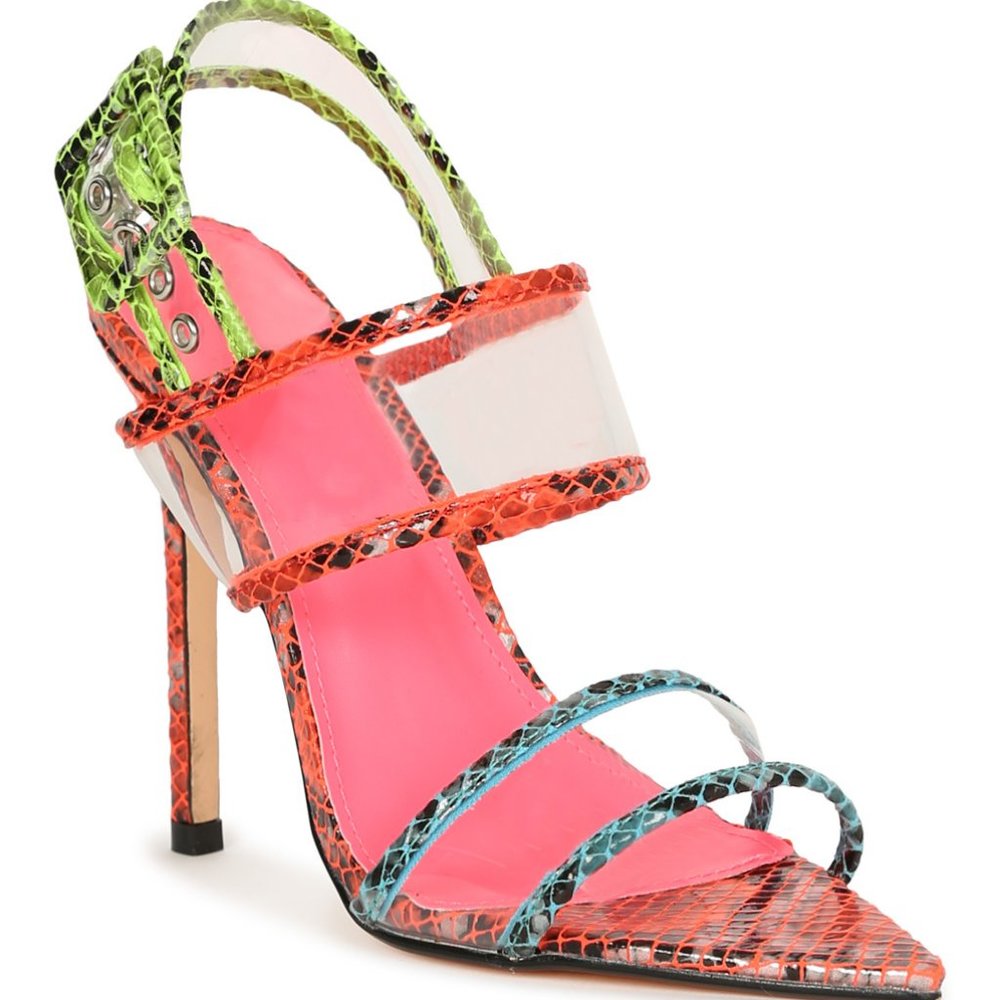 Lemon Drop Pointed Toe Slingback Clear Strap Open Toe Multi Snake Patent Heels